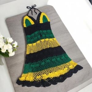 Crochet Boho Halter Style Lined Midi Dress Green Black Yellow XS/S